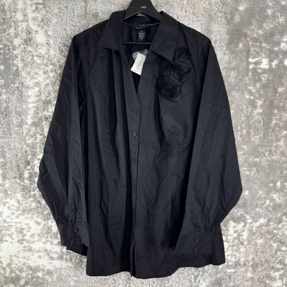 New Lane Bryant Plus Size 28 Rosette Stretch Blouse Black Long Sleeve Women